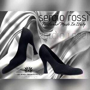 Sergio Rossi Round Toe Block Heels Black Fabric Cowhide Women's Sz US 7 EU 37